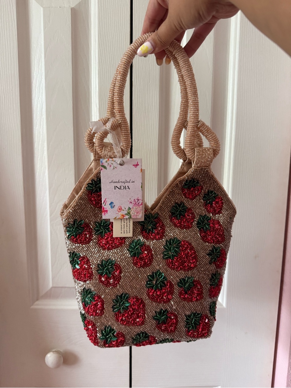Handcrafted Strawberry Beaded Tote Bag - Pink